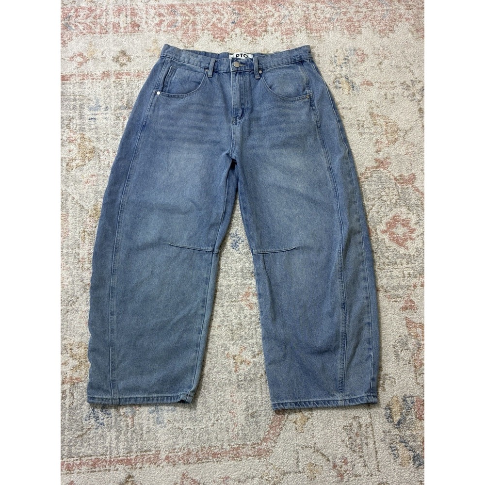 PTCL Ethikal Brand Barrel Leg Jeans Womens Size 29 Blue Denim Curved Barrel Leg